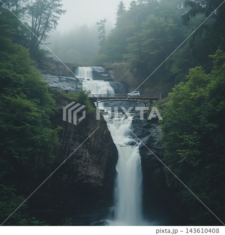 Misty Forest Waterfall with Stone Bridge 143610408