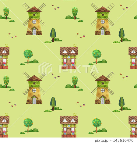 House, windmill, tree, bird. Watercolor illustration in childish style on green background. Seamless pattern for children's fabric, bed sheets, duvet cover, pillowcase, textile, wallpaper, wrapping. House, windmill, tree, bird. Watercolor illustration in childish style on green background. Seamless pattern for children's fabric, bed sheets, duvet cover, pillowcase, textile, wallpaper, wrapping. 143610470