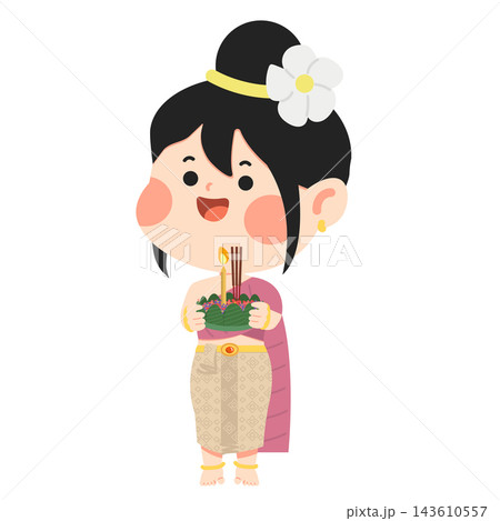 Cute Thai Girl in Traditional Dress Holding Krathong for Loy Krathong Festival Cute Thai Girl in Traditional Dress Holding Krathong for Loy Krathong Festival 143610557