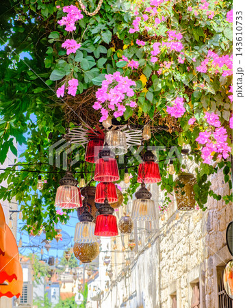 Decorative Hanging Glass Lamps and Bougainvillea in Alacati 143610733
