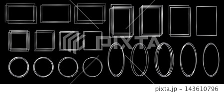 Set of thin silver oval, round, square and rectangular frames isolated on black background. Shiny metallic borders. Foil design elements for banners, greeting or wedding cards. Vector illustration 143610796