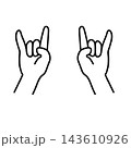 Rock hands duo outline, black line art horns gesture fingers, metal music symbols. Concert greeting concept, simple finger salute marks. Twin devil signs sheet 143610926