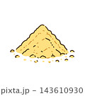 Spice powder mound, yellow ground grains heap pile, kitchen seasoning icon. Natural organic ingredient sketch, simple aromatic spice mark. Golden dust heap emblem 143610930