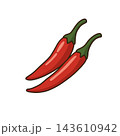 Chili peppers pair, red hot pods green stems, spicy vegetable icon. Natural organic ingredient cartoon, simple piquant seasoning mark. Fiery capsicum duo emblem 143610942