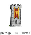 Tower banner lion, gray stone turret red flag cloth, medieval fortress icon. Fantasy kingdom heraldry cartoon art, simple tower banner castle sign 143610944