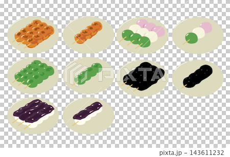 Illustrations of various Japanese dumplings Illustrations of various Japanese dumplings 143611232