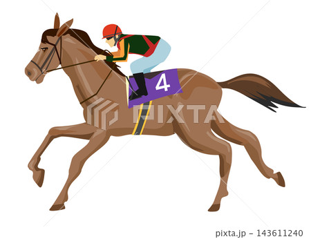 走る競馬の馬と騎手のイラスト 143611240