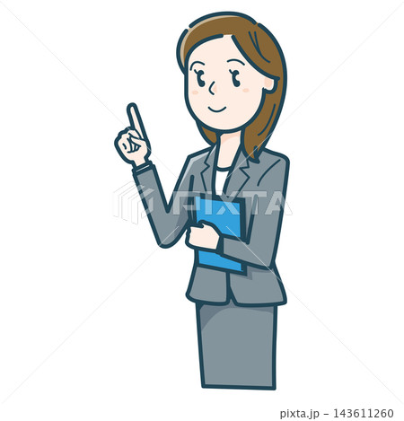 指をさして説明するスーツ姿の女性のイラスト 指をさして説明するスーツ姿の女性のイラスト 143611260