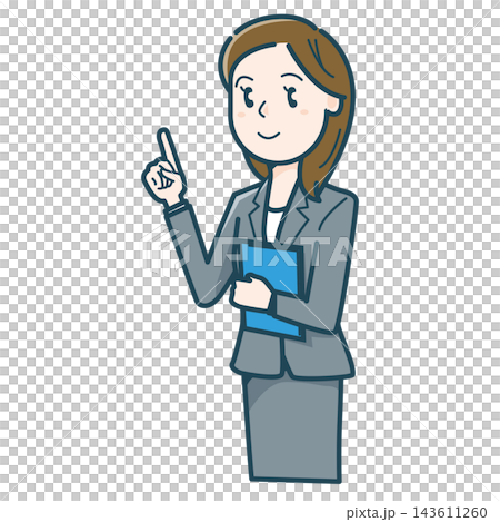 指をさして説明するスーツ姿の女性のイラスト 指をさして説明するスーツ姿の女性のイラスト 143611260