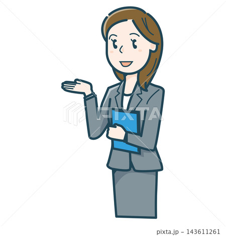 手のひらを上に向けて説明するスーツ姿の女性のイラスト 手のひらを上に向けて説明するスーツ姿の女性のイラスト 143611261