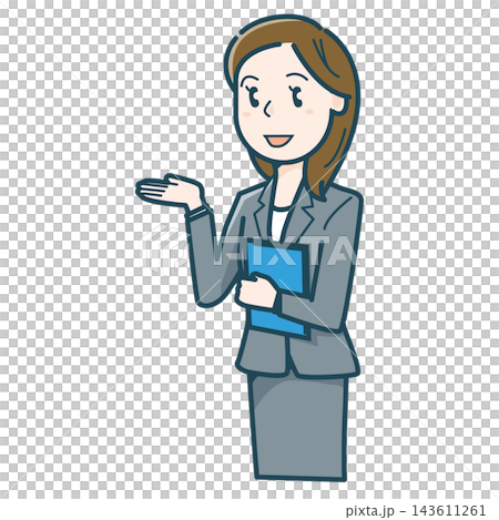 手のひらを上に向けて説明するスーツ姿の女性のイラスト 手のひらを上に向けて説明するスーツ姿の女性のイラスト 143611261