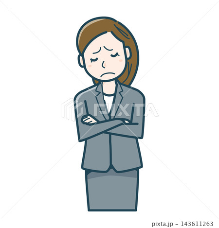 腕組みをして悩むスーツ姿の女性のイラスト 腕組みをして悩むスーツ姿の女性のイラスト 143611263