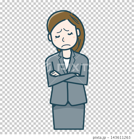 腕組みをして悩むスーツ姿の女性のイラスト 腕組みをして悩むスーツ姿の女性のイラスト 143611263