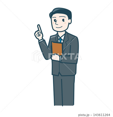 指をさして説明するスーツ姿の男性のイラスト 指をさして説明するスーツ姿の男性のイラスト 143611264