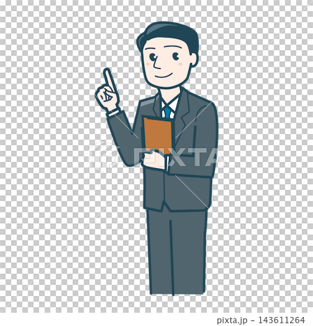 指をさして説明するスーツ姿の男性のイラスト 指をさして説明するスーツ姿の男性のイラスト 143611264