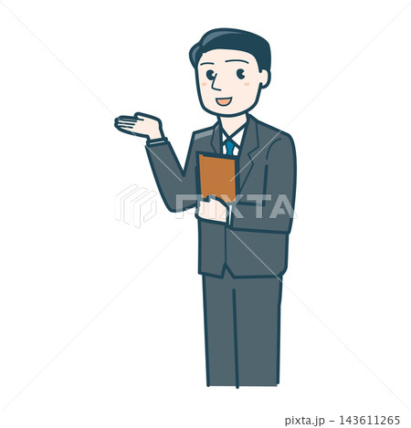 手のひらを上に向けて説明するスーツ姿の男性のイラスト 手のひらを上に向けて説明するスーツ姿の男性のイラスト 143611265