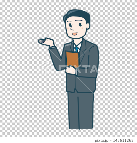 手のひらを上に向けて説明するスーツ姿の男性のイラスト 手のひらを上に向けて説明するスーツ姿の男性のイラスト 143611265