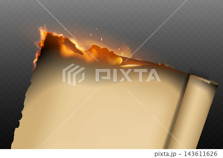 Ancient scroll or document burning from the top edge, symbolizing loss or conclusion Ancient scroll or document burning from the top edge, symbolizing loss or conclusion 143611626