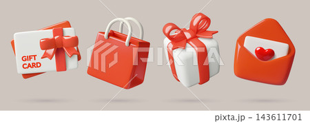 Gift shopping 3D icons set including gift card paper bag present with red bow and heart envelope Gift shopping 3D icons set including gift card paper bag present with red bow and heart envelope 143611701