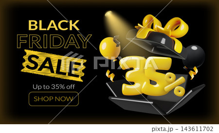 Black Friday sale banner with 35 3D number in gift box on dark background with and bold typography 143611702