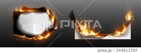 Burning paper sheets with real fire and charred edges on a transparent background Burning paper sheets with real fire and charred edges on a transparent background 143611707