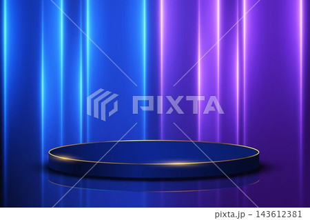 Empty round stage showcasing product display in vibrant blue and purple neon environment Empty round stage showcasing product display in vibrant blue and purple neon environment 143612381