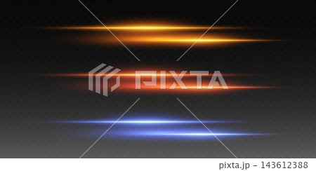 Set of glowing horizontal light flares with different colors on a transparent background Set of glowing horizontal light flares with different colors on a transparent background 143612388