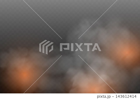 Dense smoke emerging with fiery orange highlights, creating an atmospheric transparency effect Dense smoke emerging with fiery orange highlights, creating an atmospheric transparency effect 143612414