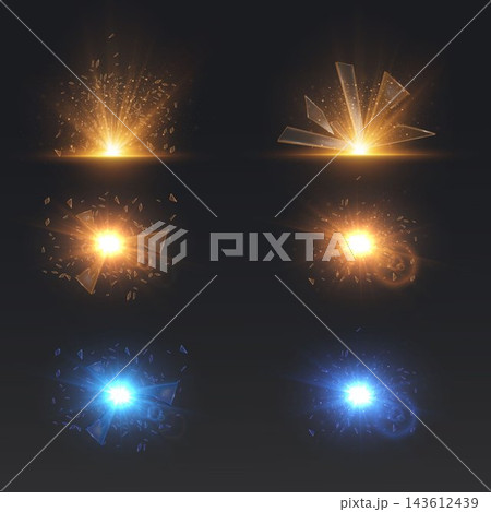 Six dynamic light bursts creating shattering glass and particle effects on a dark background Six dynamic light bursts creating shattering glass and particle effects on a dark background 143612439