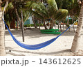 Blue hammock hanging between palm trees on beach 143612625