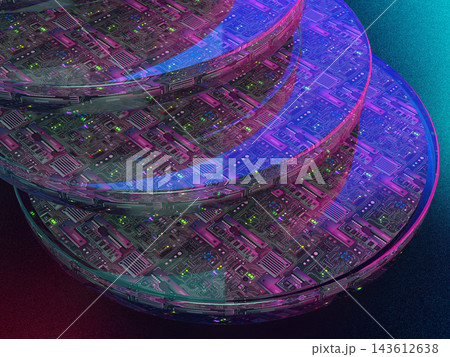 ネオンに輝く半導体回路と積層マイクロチップの近未来テクノロジー 3Dイラスト ネオンに輝く半導体回路と積層マイクロチップの近未来テクノロジー 3Dイラスト 143612638