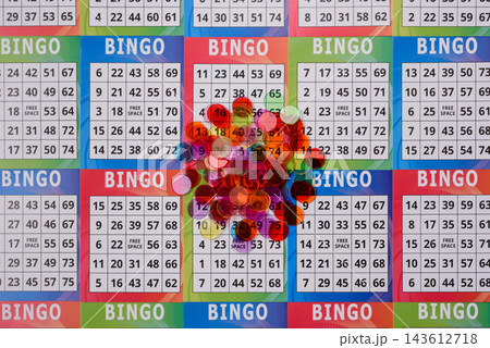 Colorful bingo cards for fun, gaming, and Christmas leisure. Bingo cards Colorful bingo cards for fun, gaming, and Christmas leisure. Bingo cards 143612718