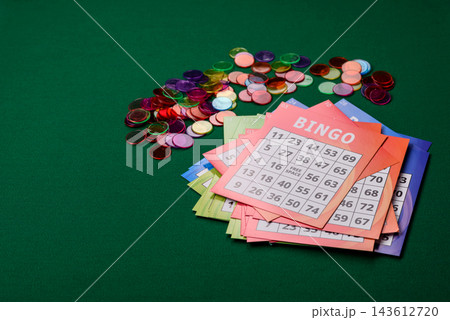 Colorful bingo cards for fun, gaming, and Christmas leisure. Bingo cards 143612720
