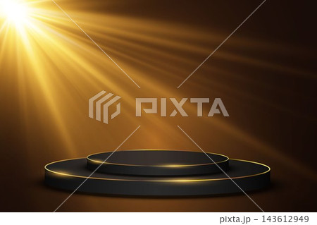 Black two tier display podium standing on dark background with bright golden spotlight and light rays 143612949