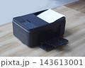 antique digital black printers and white paper on wooden floor, blur white wall background, technology, object, comfortable, work, copy space 143613001