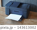 closeup black printers and white paper on wooden floor, wall grey marble background, technology, object, comfortable, work, copy space 143613002