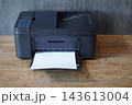front view and top view old black printers and white paper on wooden background, technology, object, comfortable, work, copy space 143613004