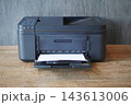 front view black printers and white paper on brown wooden floor, wall grey marble background, technology, object, comfortable, work, copy space 143613006