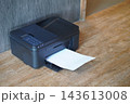 top and side view black printers and white paper on brown wooden floor, wall grey marble background, technology, object, comfortable, work, copy space 143613008