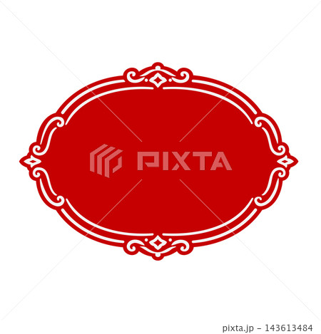 Red Horizontal Oval Decorative Label with Cream Ornamental Border Red Horizontal Oval Decorative Label with Cream Ornamental Border 143613484