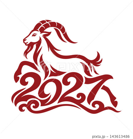 Red Goat and Ornamental 2027 Numerals for Lunar New Year on White Background Red Goat and Ornamental 2027 Numerals for Lunar New Year on White Background 143613486