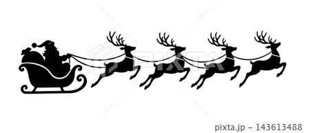 Black Santa Sleigh and Four Flying Reindeer Silhouette on White Background 143613488