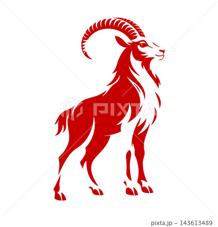 Red Standing Goat Silhouette with Curved Segmented Horns on White Background Red Standing Goat Silhouette with Curved Segmented Horns on White Background 143613489