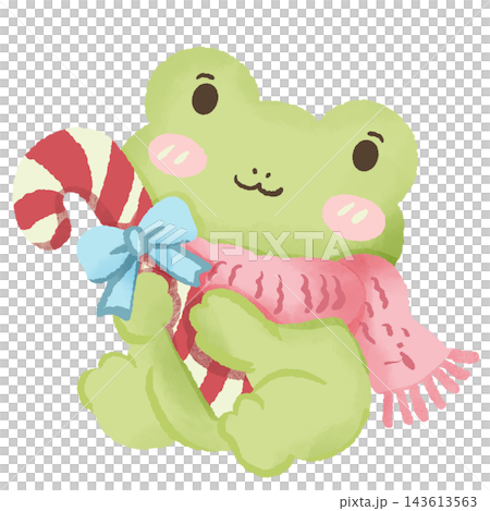 Adorable Chibi Green Christmas Frog Holding a Giant Red and White Candy Cane with Blue Satin Bow and Pink Knitted Scarf for Cute Kawaii Holiday Winter Illustration Adorable Chibi Green Christmas Frog Holding a Giant Red and White Candy Cane with Blue Satin Bow and Pink Knitted Scarf for Cute Kawaii Holiday Winter Illustration 143613563