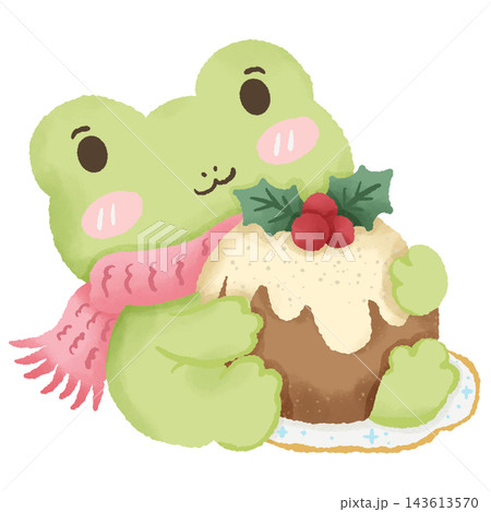 Adorable Chibi Christmas Frog Hugging a Giant Traditional Christmas Pudding Covered with Creamy White Icing, Red Holly Berries and Green Leaves, Wearing a Cozy Pink Knitted Winter Scarf 143613570