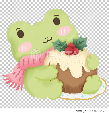 Adorable Chibi Christmas Frog Hugging a Giant Traditional Christmas Pudding Covered with Creamy White Icing, Red Holly Berries and Green Leaves, Wearing a Cozy Pink Knitted Winter Scarf 143613570