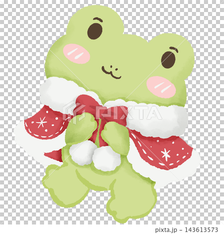 Adorable Kawaii Green Christmas Frog Wearing a Red Santa Cape with Fluffy White Trim and Holding a Festive Red Bow with White Pom Poms Cute Winter Holiday Character Illustration Adorable Kawaii Green Christmas Frog Wearing a Red Santa Cape with Fluffy White Trim and Holding a Festive Red Bow with White Pom Poms Cute Winter Holiday Character Illustration 143613573