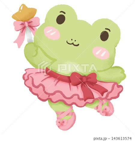 Cute Chibi Green Christmas Frog Dressed as a Christmas Ballerina Wearing a Pink Tutu with Red Ribbon and Ballet Slippers Holding a Golden Star Wand with a Pink Bow Festive Holiday Art 143613574