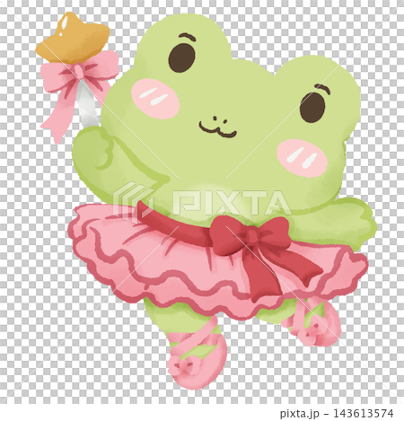 Cute Chibi Green Christmas Frog Dressed as a Christmas Ballerina Wearing a Pink Tutu with Red Ribbon and Ballet Slippers Holding a Golden Star Wand with a Pink Bow Festive Holiday Art 143613574
