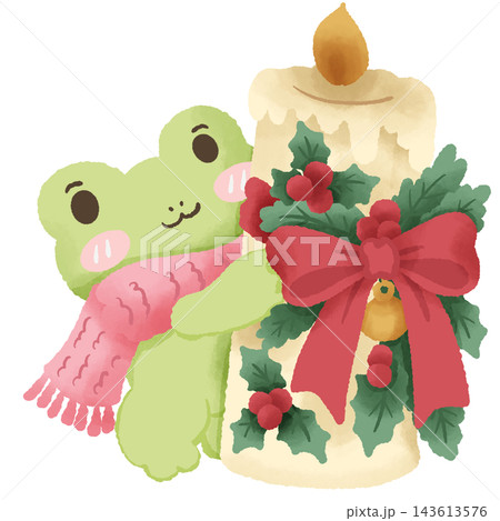 Cute Chibi Green Christmas Frog Hugging a Giant Cream Christmas Candle Decorated with Holly Leaves and Red Berries with a Big Red Ribbon and Golden Bell Cozy Festive Winter Holiday Illustration 143613576